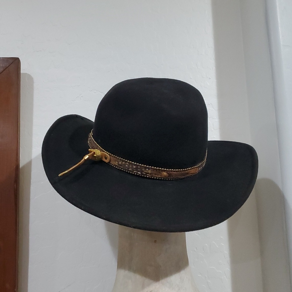 Vintage Black Bailey Hat W Western Tooled Band Beaded Buckle Wool Felt Cowboy